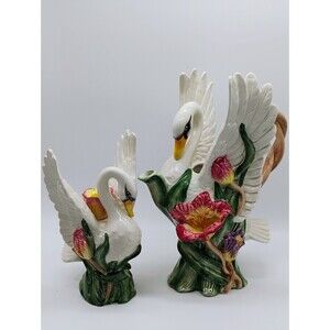 2 FITZ & FLOYD Swan & Tulip Candle Holder & Tea Pot 1995 Spring Easter Vintage